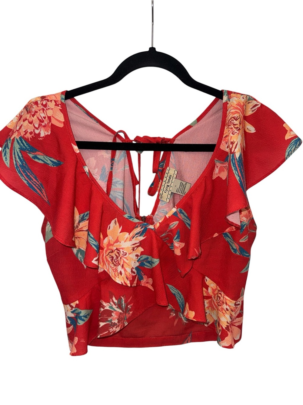 Flying Tomato Red Floral Ruffle Tie-Back Crop Top